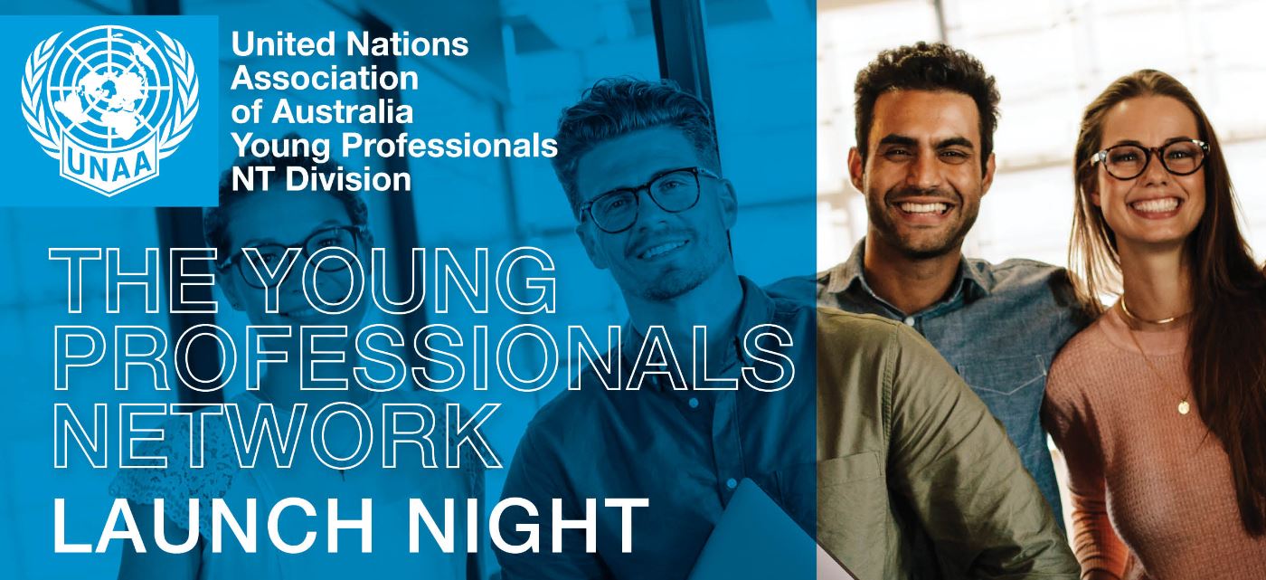 Four young professionals smiling at the camera with image over the top explaining the event