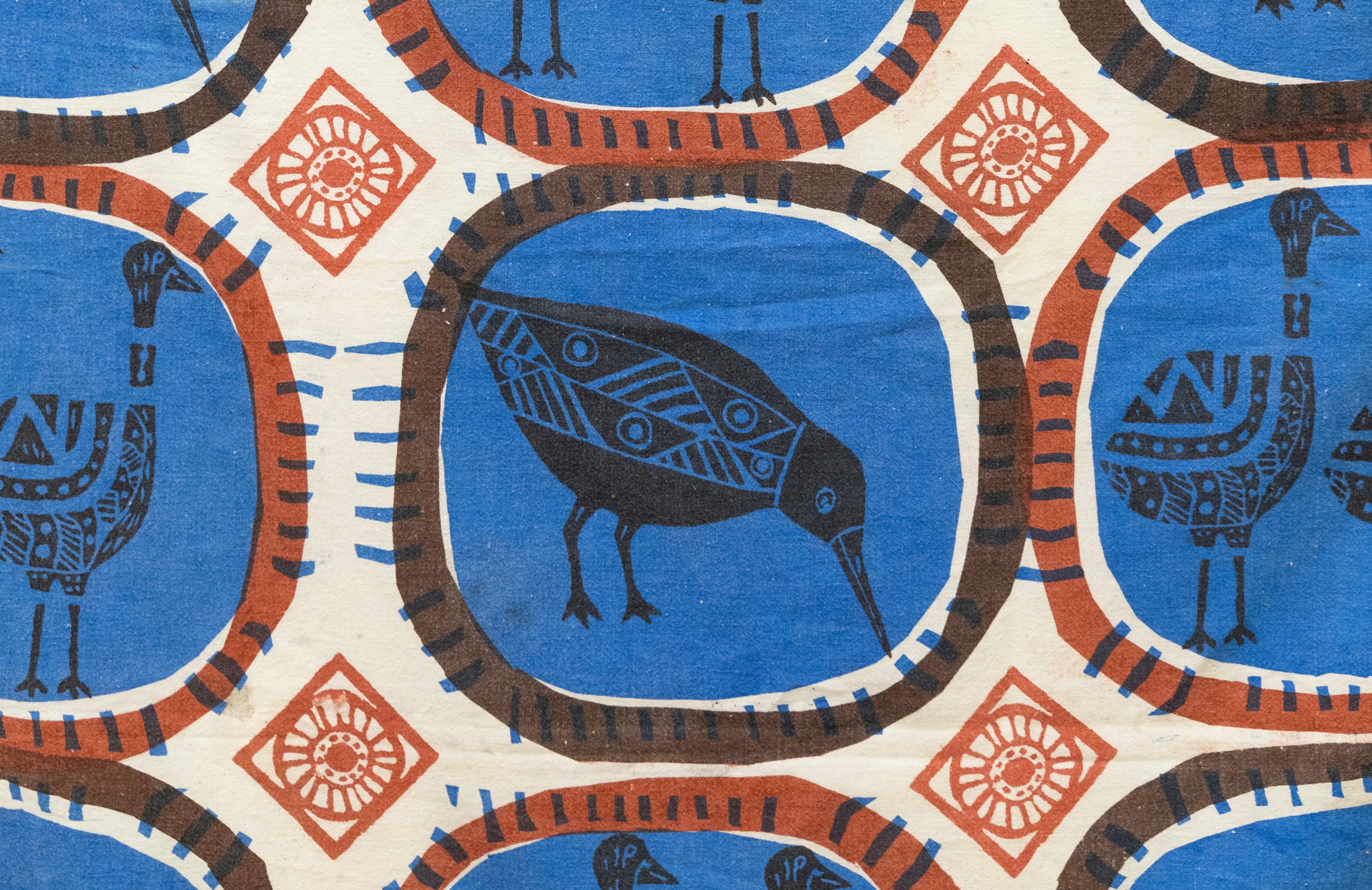 Blue and white screen printed fabric.