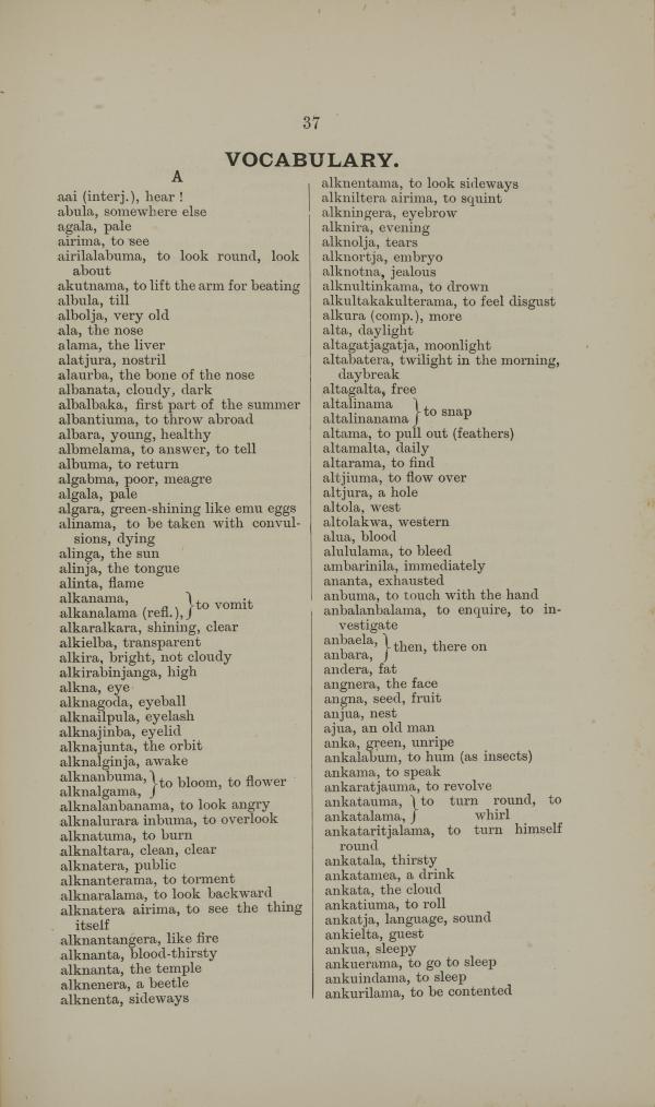Depicts the start of an Arrernte vocabulary.