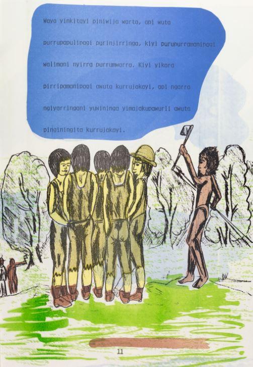 Colour illustration with blue text bubble.